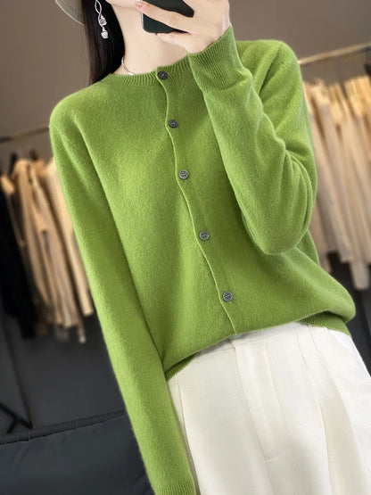 100% Merino Wool Sweater Women O-Neck Cardigan Basic Style  Buttoned Knitwear Female Casual Autumn Winter Soft Tops