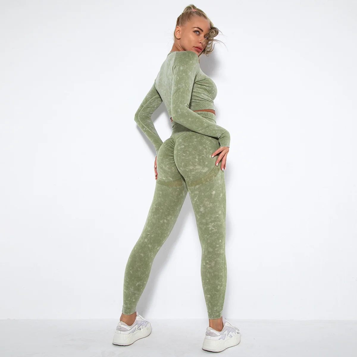 Women Seamless Tracksuit Yoga Set 2PCS Workout Clothes Athletic Wear Gym Legging Fitness Bra Crop Top Long Sleeve Sports Suits
