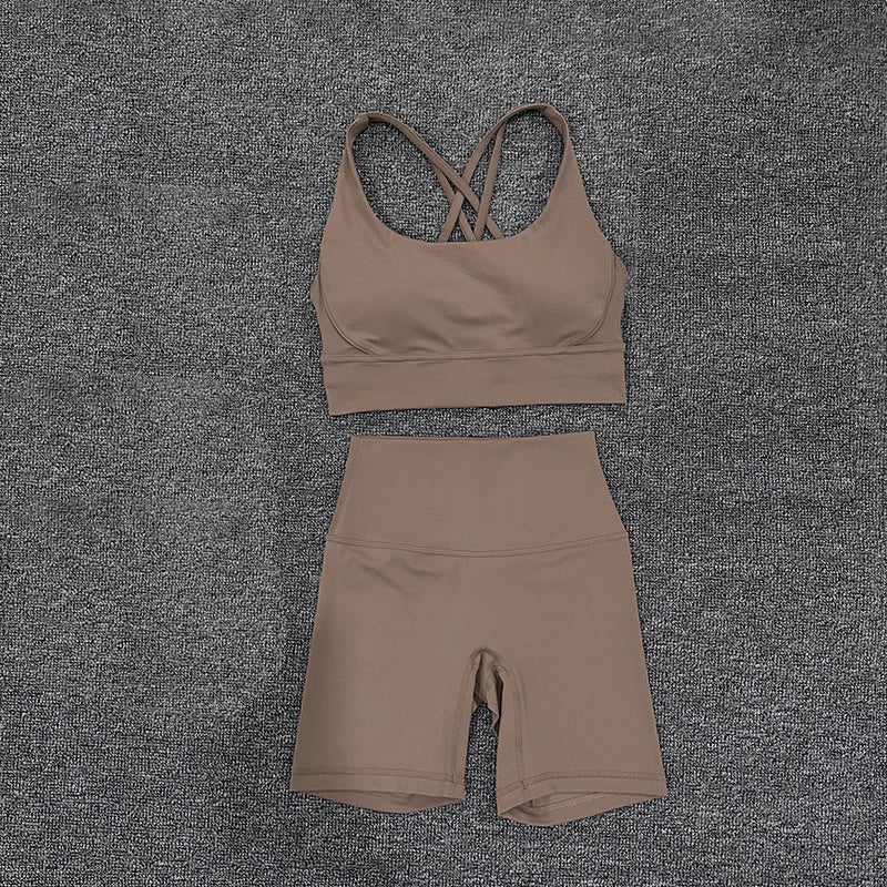 SOISOU Nylon Gym Yoga Set Women's Tracksuit Cycling Shorts Set Tight Elastic Short Chest Pad Removable Bra Womens Clothing