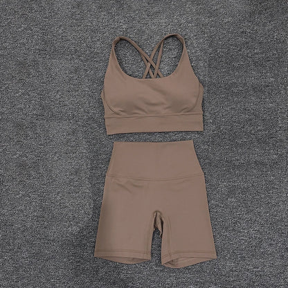 SOISOU Nylon Gym Yoga Set Women's Tracksuit Cycling Shorts Set Tight Elastic Short Chest Pad Removable Bra Womens Clothing
