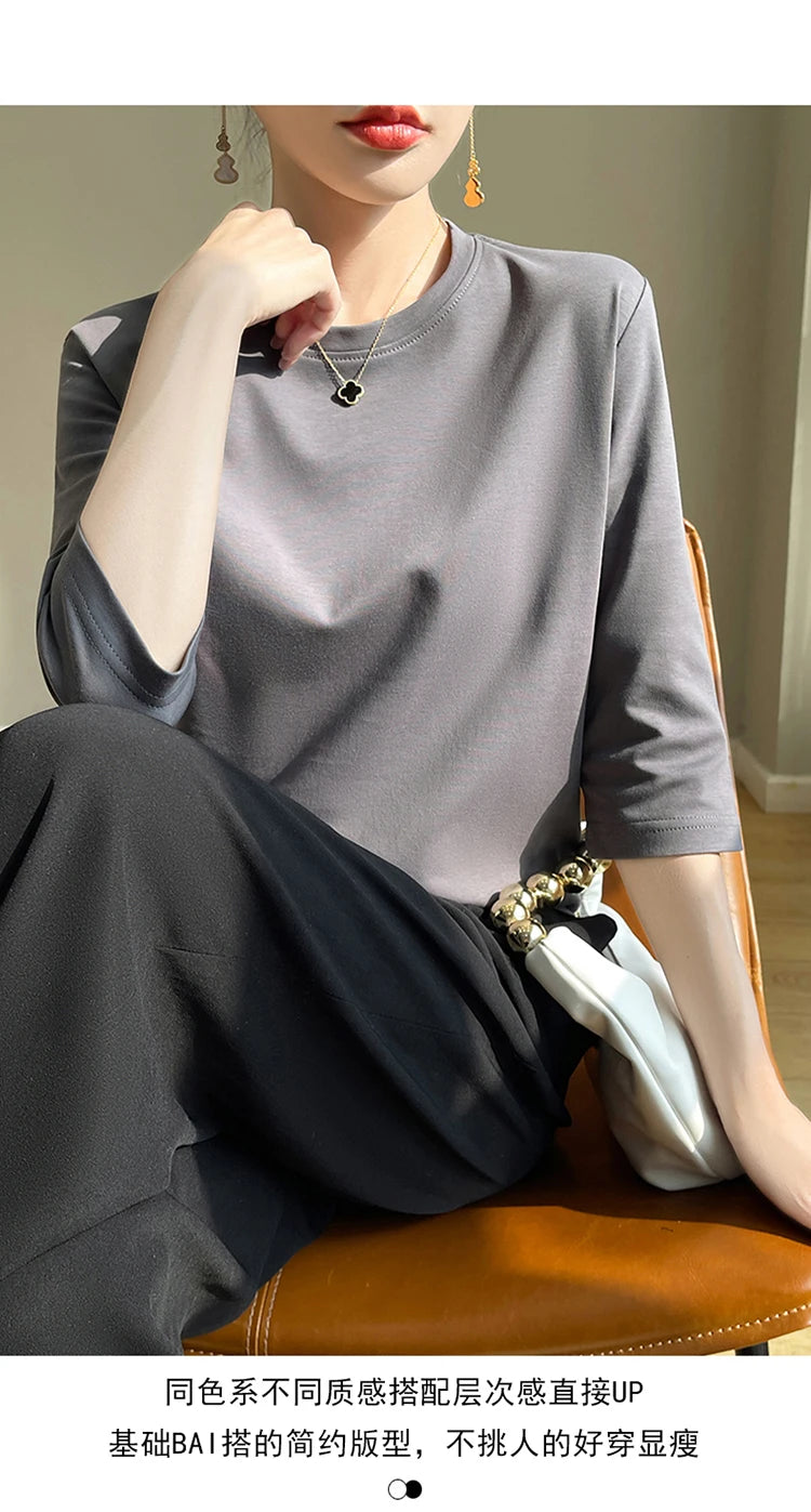 Spring And Summer New White Mercerized Cotton Short Sleeve T-Shirt Feminine Joker Cotton Cropped Sleeve Bottoming Shirt