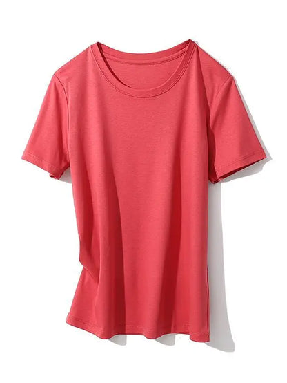 SuyaDream Women Solid T shirts, Silk Cotton Blend, O Neck, Short Sleeved Solid Tee,2025 Summer Candy Colors Basic Cozy Top Green
