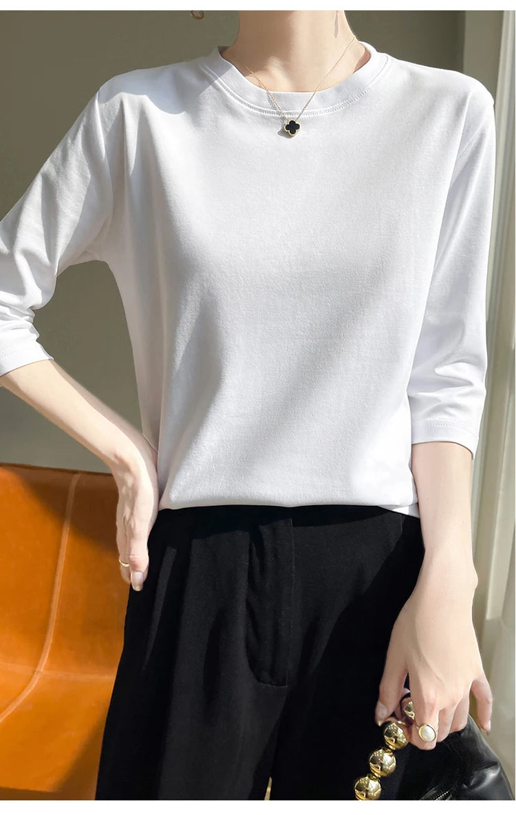Spring And Summer New White Mercerized Cotton Short Sleeve T-Shirt Feminine Joker Cotton Cropped Sleeve Bottoming Shirt
