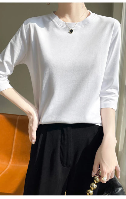 Spring And Summer New White Mercerized Cotton Short Sleeve T-Shirt Feminine Joker Cotton Cropped Sleeve Bottoming Shirt