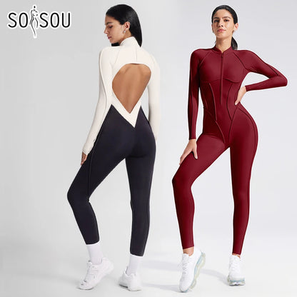 SOISOU Nylon Jumpsuit Women's Sport Yoga Fitness Set with zipper & chest cushion Bare Back High elastic soft fabric Gym Bodysuit