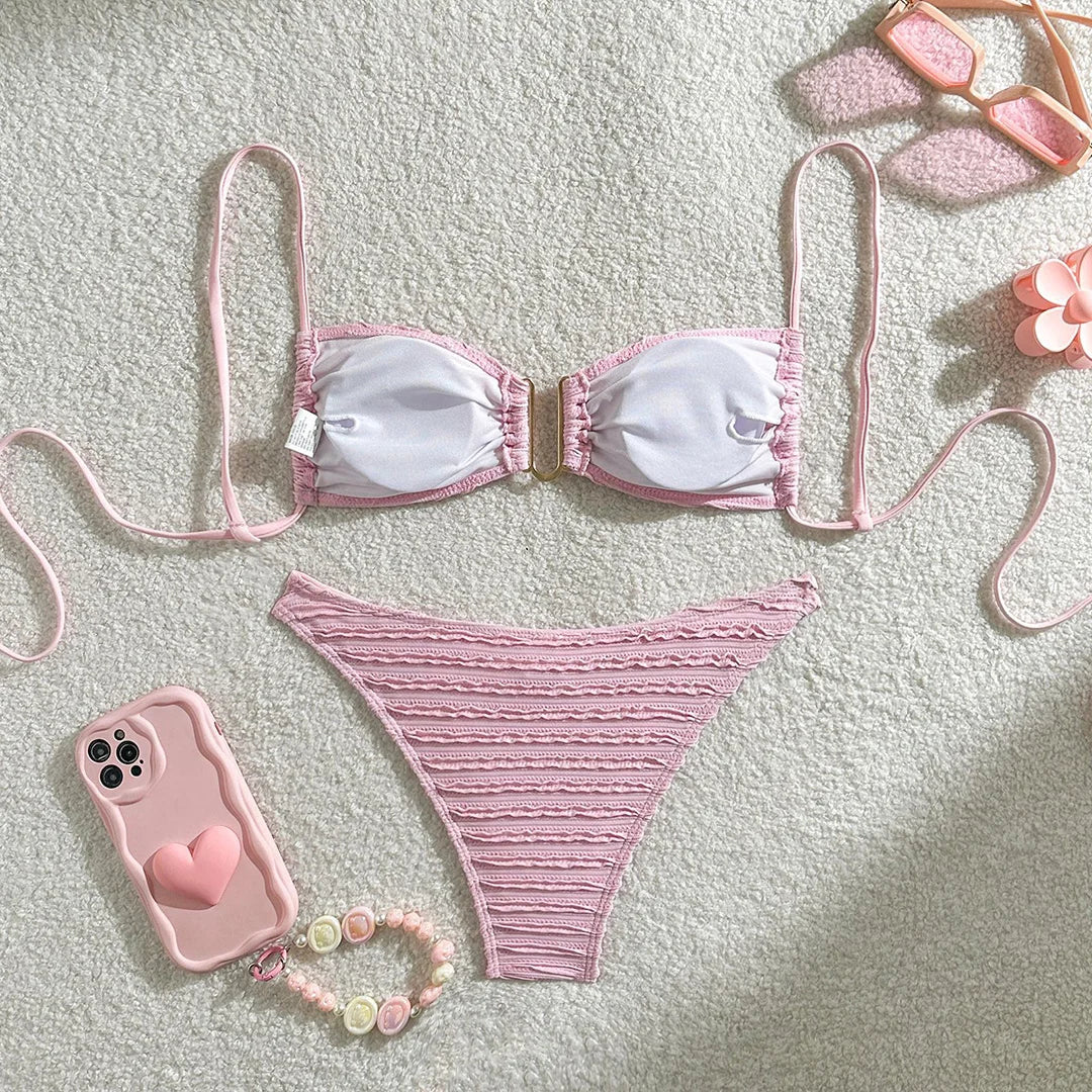 U Neck Wrinkled Crinkled Bikini Women Swimwear Female Swimsuit Two-pieces Bikini set High Cut Bather Bathing Suit Swim V5708B