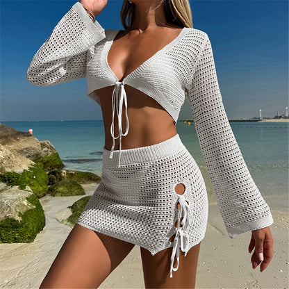V Neck Long Sleeve Crochet Knitted 2 Pieces Suits Beach Cover Up Cover-ups Beach Dress Beach Wear Beachwear Female Women V6490