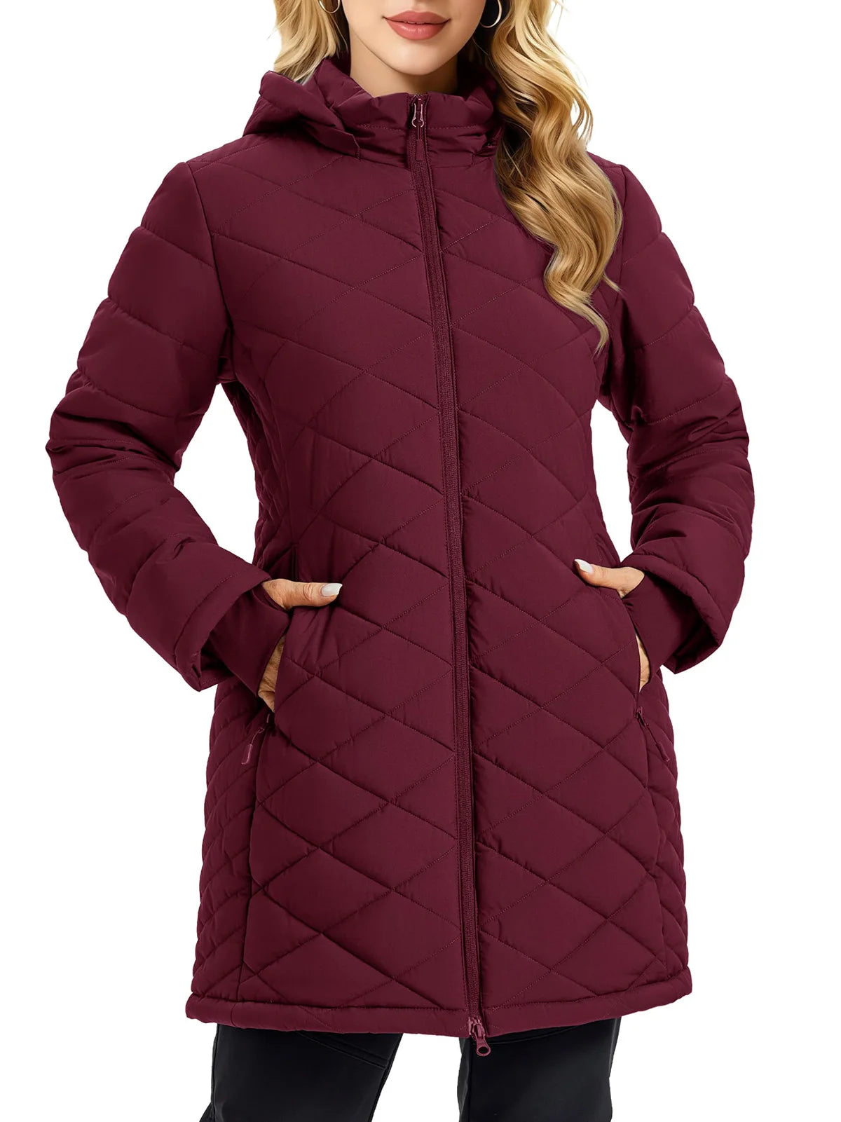 TACVASEN Womens Long Quilted Puffer Hood Jackets Winter Lightweight Warm Insulated Coat Windproof Waterproof Parkas with Pockets