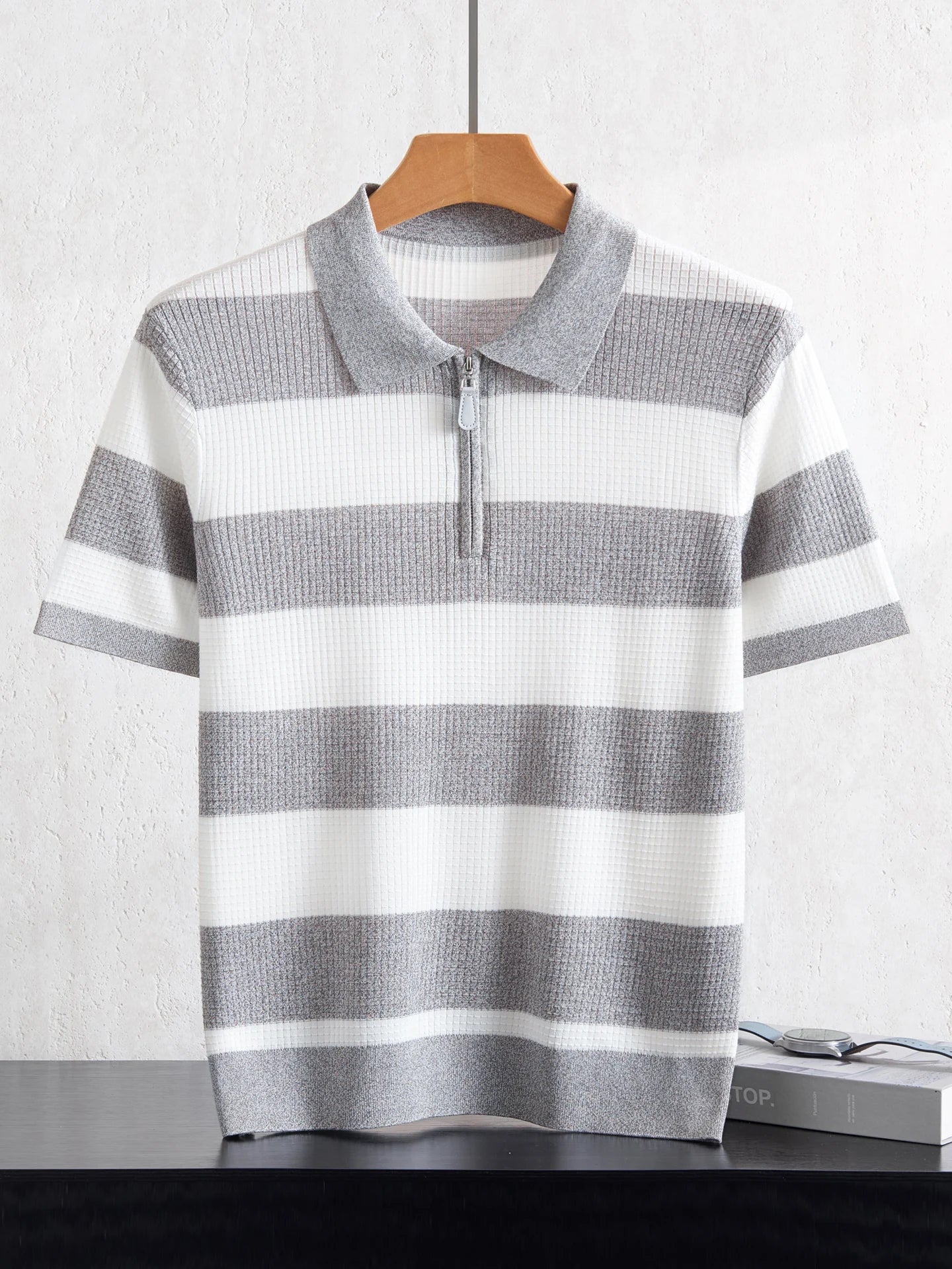 Men's 100% Lyocell POLO Collar Striped T-Shirt Knit Pullover Summer New Bussiness Casual Half-zip Short-sleeved Jumper Menswear