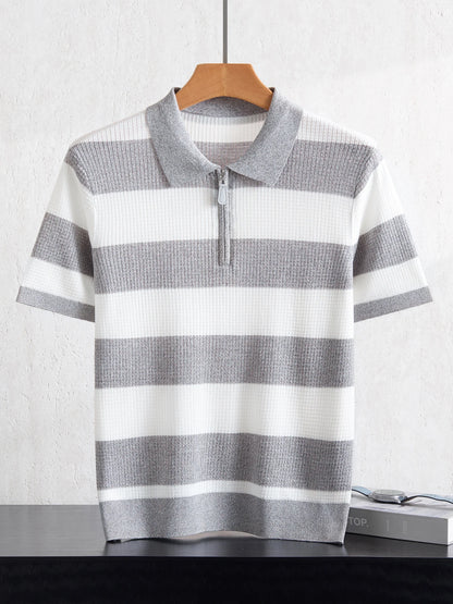 Men's 100% Lyocell POLO Collar Striped T-Shirt Knit Pullover Summer New Bussiness Casual Half-zip Short-sleeved Jumper Menswear