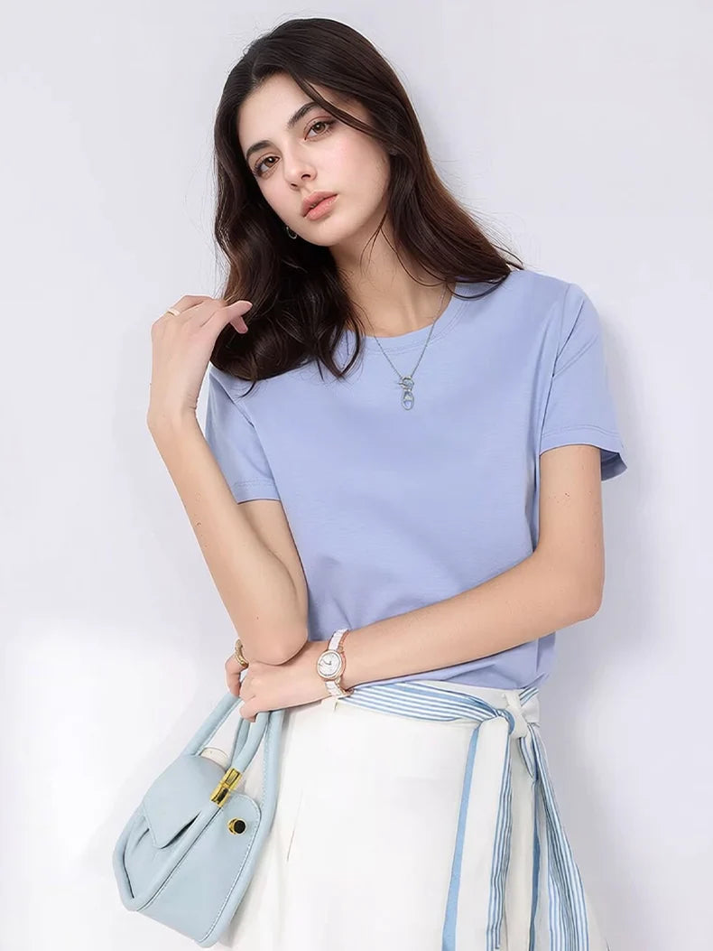 SuyaDream Women Solid T shirts, Silk Cotton Blend, O Neck, Short Sleeved Solid Tee,2025 Summer Candy Colors Basic Cozy Top Green