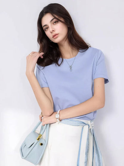 SuyaDream Women Solid T shirts, Silk Cotton Blend, O Neck, Short Sleeved Solid Tee,2025 Summer Candy Colors Basic Cozy Top Green