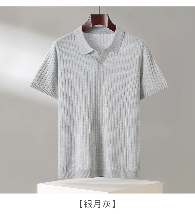 Summer New Men's 100% Lyocell Scissor Collar Solid Color T-Shirt Knit Pullover Bussiness Casual Short-sleeved POLO Collar Tees