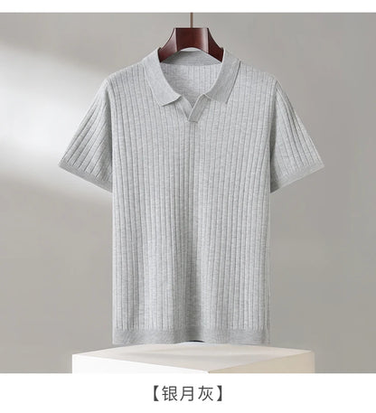 Summer New Men's 100% Lyocell Scissor Collar Solid Color T-Shirt Knit Pullover Bussiness Casual Short-sleeved POLO Collar Tees