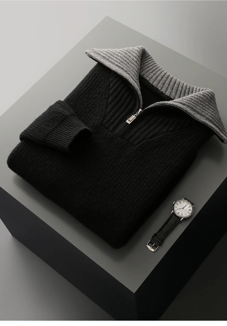 High Quality Men 100% Wool Sweater Turn Down Collar Zippers Pullover 2025 Autumn/Winter Thickened Soft Warm Knitwear Jumper Tops