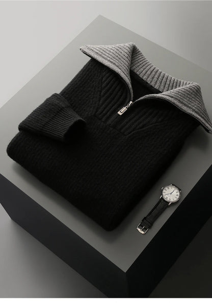High Quality Men 100% Wool Sweater Turn Down Collar Zippers Pullover 2025 Autumn/Winter Thickened Soft Warm Knitwear Jumper Tops