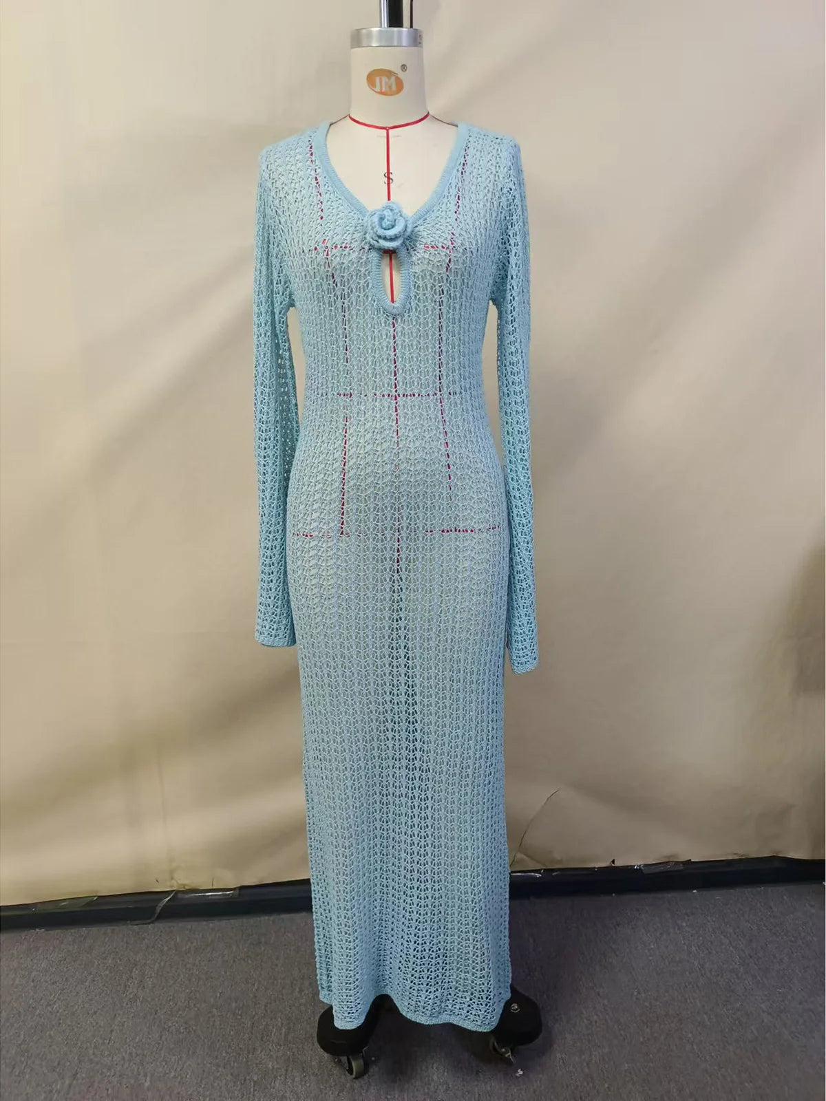 3D Flower V Neck Long Sleeve Crochet Knitted Tunic Beach Cover Up Cover-ups Beach Dress Beach Wear Beachwear Female Women V5852
