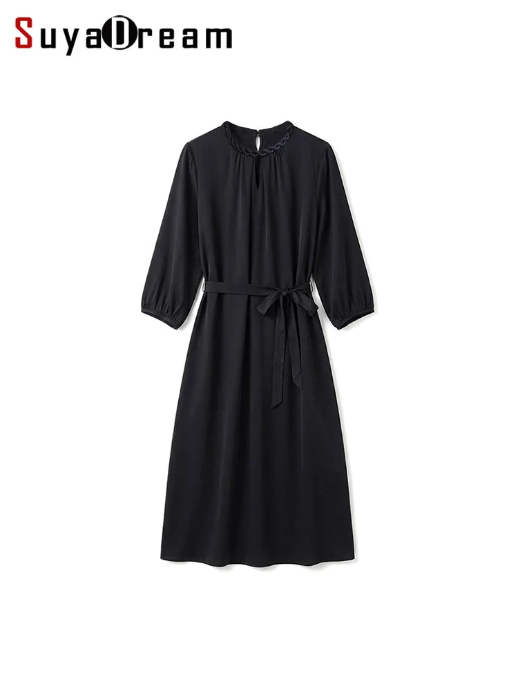 SuyaDream, Women Elegant Dresses, Real Silk, O Neck, 3/4 Sleeved, Black Mid Dress, 2026 Spring Summer Cloth