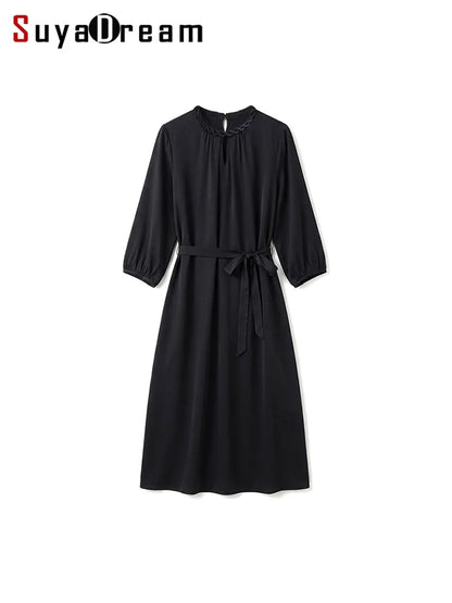 SuyaDream, Women Elegant Dresses, Real Silk, O Neck, 3/4 Sleeved, Black Mid Dress, 2026 Spring Summer Cloth