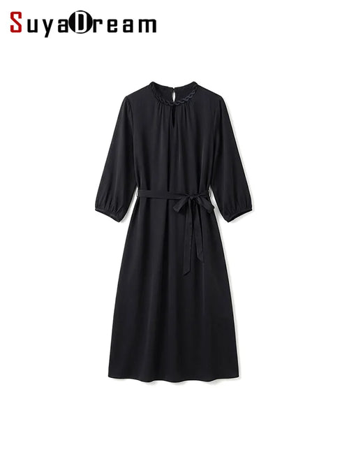 SuyaDream, Women Elegant Dresses, Real Silk, O Neck, 3/4 Sleeved, Black Mid Dress, 2026 Spring Summer Cloth