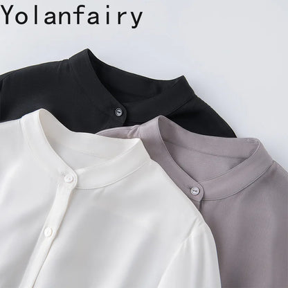 YOLANFAIRY 93% Natural Mulberry Silk Shirts Woman 2026 Stand Collar Long Sleeve Blouse Women Elegant White Shirt OL Ladies Tops