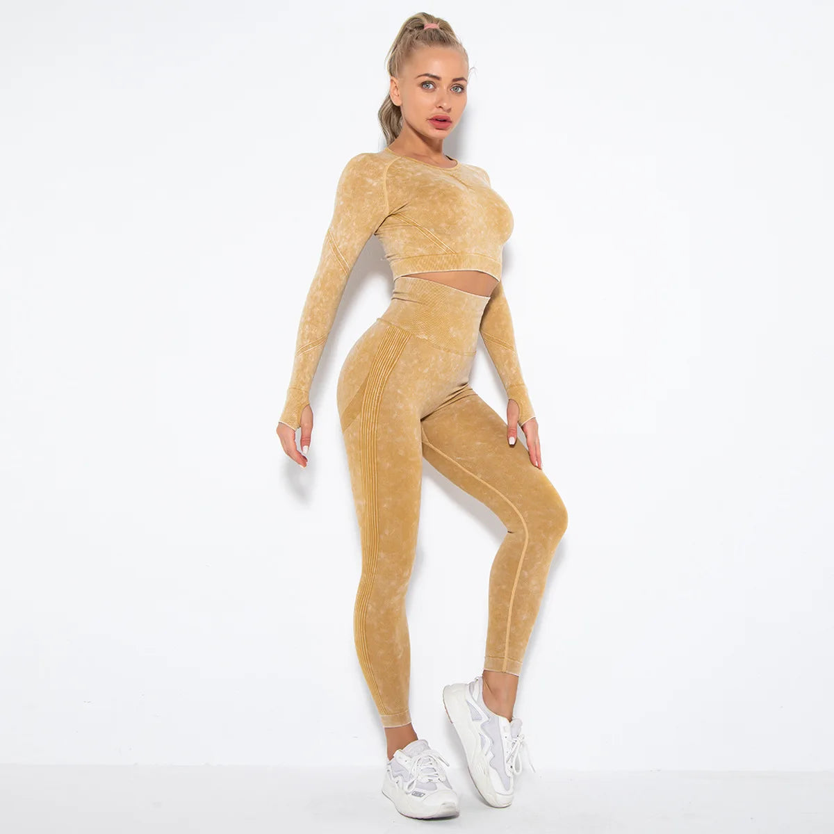 Women Seamless Tracksuit Yoga Set 2PCS Workout Clothes Athletic Wear Gym Legging Fitness Bra Crop Top Long Sleeve Sports Suits