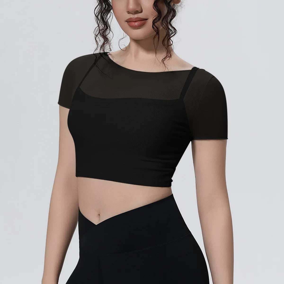 Hearuisavy Women's Mesh Short Sleeve Yoga Top With Padded Bra Fake Two Piece Gym Clothing Quick Dry Sports Crop Top Fitness Top