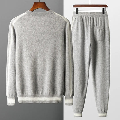Autumn and Winter 100% Pure Cashmere 2-Piece set Men Loose and Warm Round Neck Pullover Sweater Knitted Casual Pencil Pants Suit