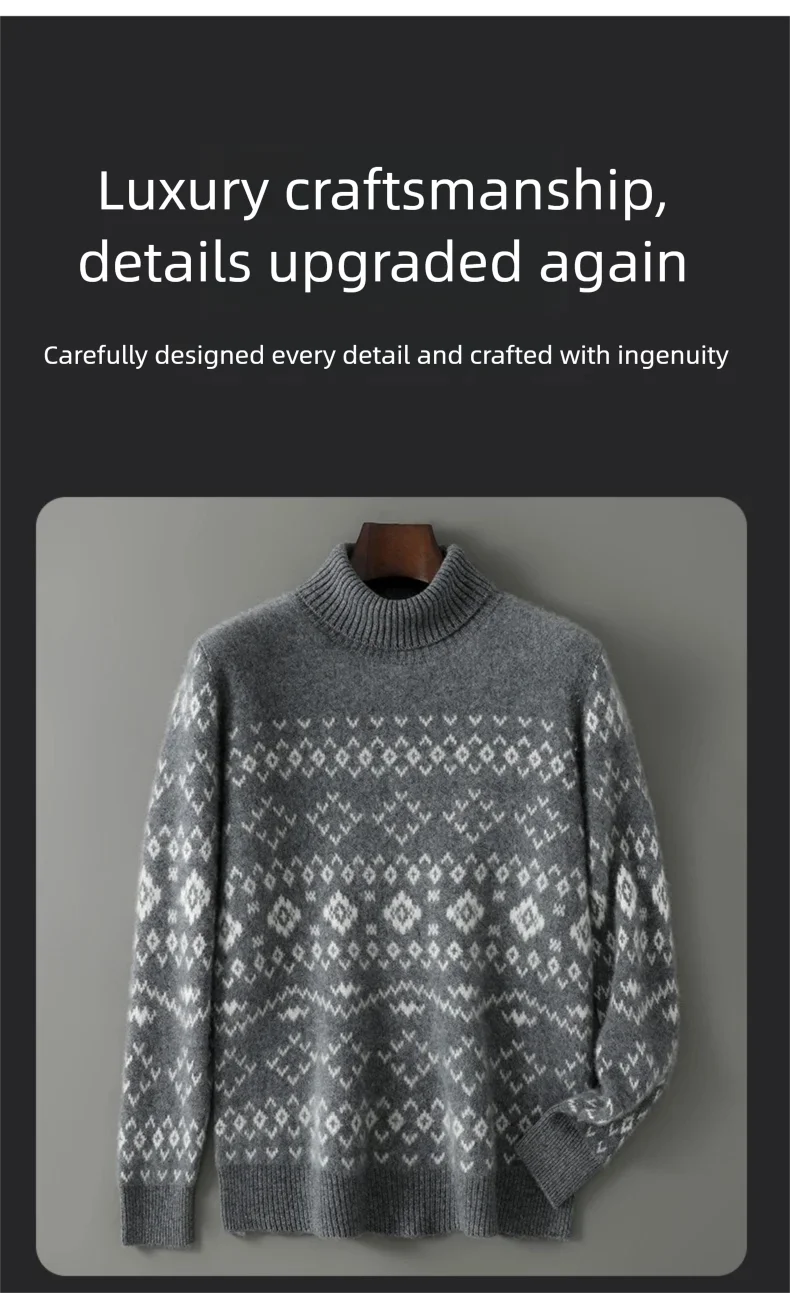 New 100% Pure Wool Cashmere Men's O-neck Pullover 2025 Autumn/Winter Color Matching Top Casual Thick Fashion Large Size Jacket
