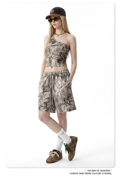 Custom LOGO women's 315G cotton polyester summer short front shoulder camouflage short-sleeved T-shirt vest casual sports suit