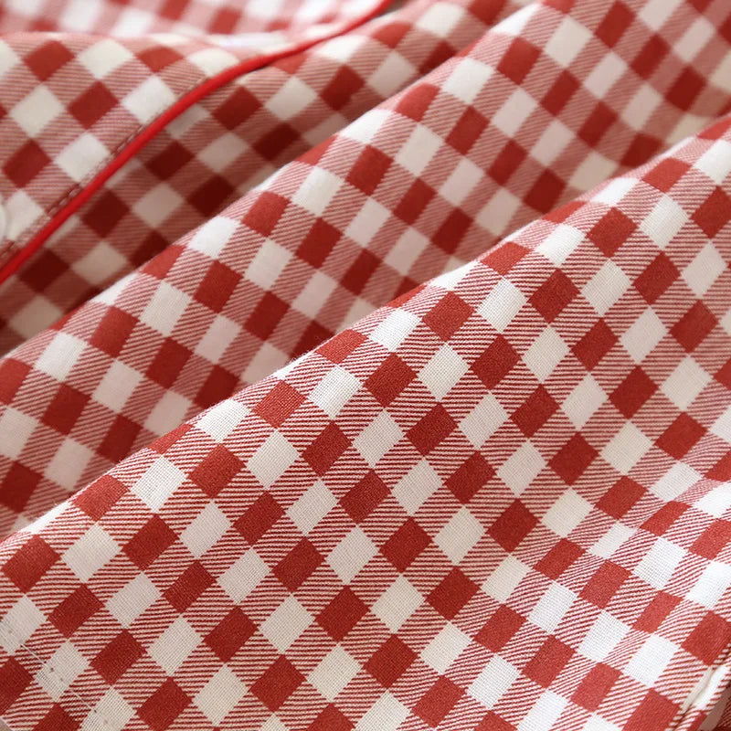 2026 Spring/Summer Couple Pajama Set 100% Cotton Double Layer Gauze Men's and Women's Japanese Plaid Set Long sleeved Home Fury