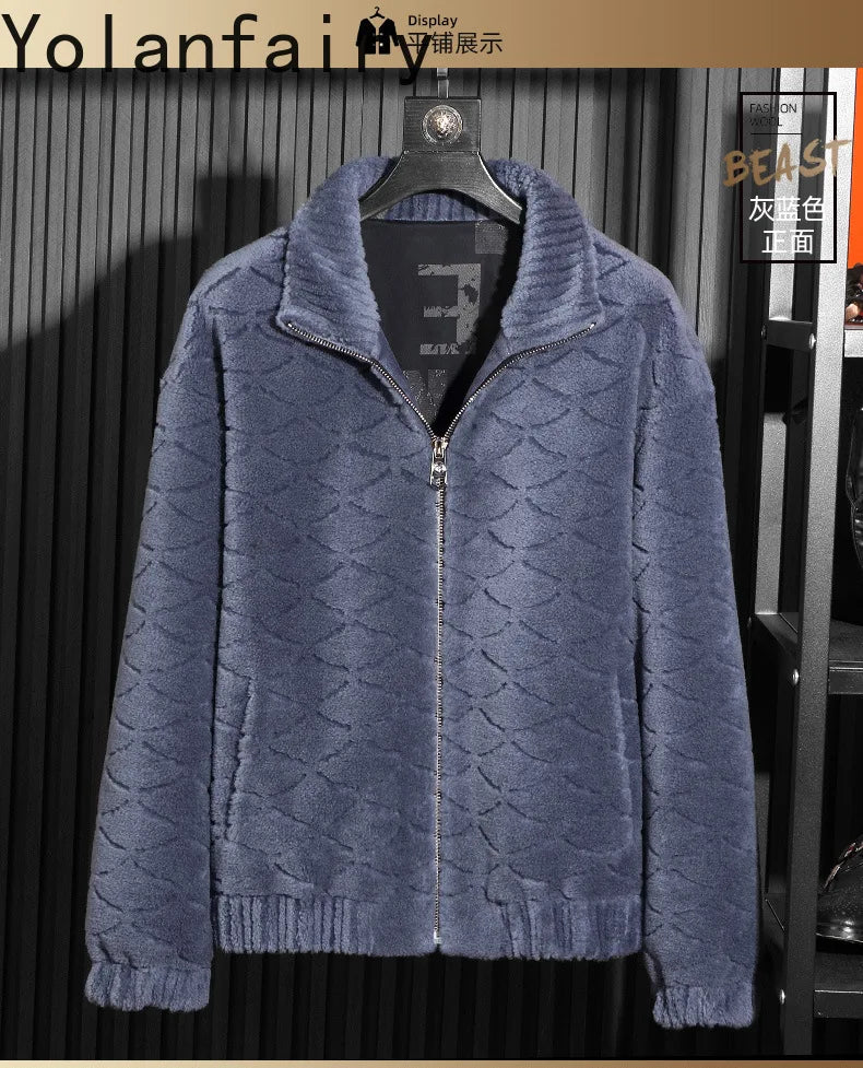 YOLANFAIRY Winter 100% Sheep Shearing Jacket Man Clothing Fashion Stand Collar Granular Lamb Fur Coat Men's Jackets chaqueta