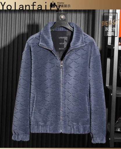 YOLANFAIRY Winter 100% Sheep Shearing Jacket Man Clothing Fashion Stand Collar Granular Lamb Fur Coat Men's Jackets chaqueta