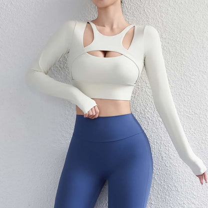 SOISOU Hollow Back Slim Fit Yoga Crop Top Women's Pilates Pullover Shockproof Sports Long Sleeve High Elastic Fitness T Shirt
