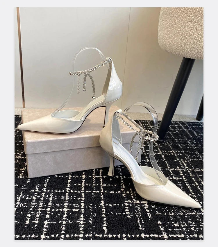 2025 Spring/Summer New Sexy and Versatile Hollow Pointed Shallow Mouth Fine Heel Chain Diamond High Heel Sandals for Women