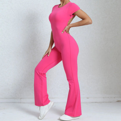 Women's Tracksuit Yoga Set Backless Jumpsuits Back V One Piece Fitness Rompers Short Sleeves Sportswear Gym Set Workout Clothes