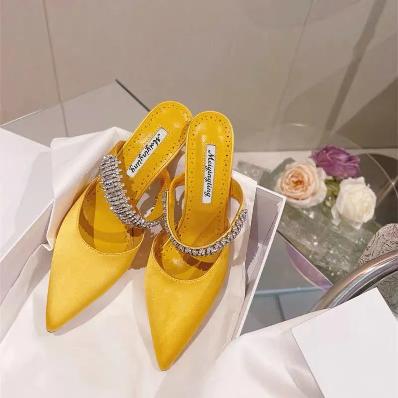 Women's 2022 Pump Summer New Rhinestone Chain Slippers High Heels Stiletto Pointed Shallow Mouth Silk Sandals Outer Wear
