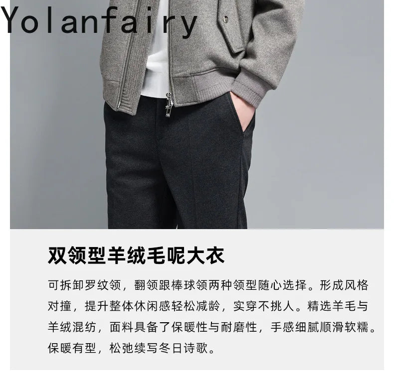 YOLANFAIRY 2025 Light Luxury 95% Wool 5% Cashmere Coats for Men Fashion Woolen Jacket Man Clothing Detachable Lapel Wool Coat