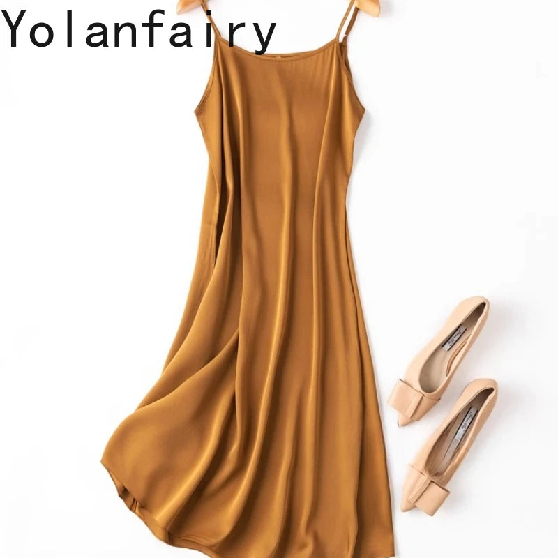 YOLANFAIRY 19momme 93% Mulberry Silk Spaghetti Strap Dress for Women Elegant Mid-length Sexy Real Silk Summer Dresses Woman 원피스