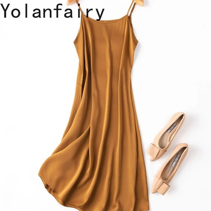 YOLANFAIRY 19momme 93% Mulberry Silk Spaghetti Strap Dress for Women Elegant Mid-length Sexy Real Silk Summer Dresses Woman 원피스