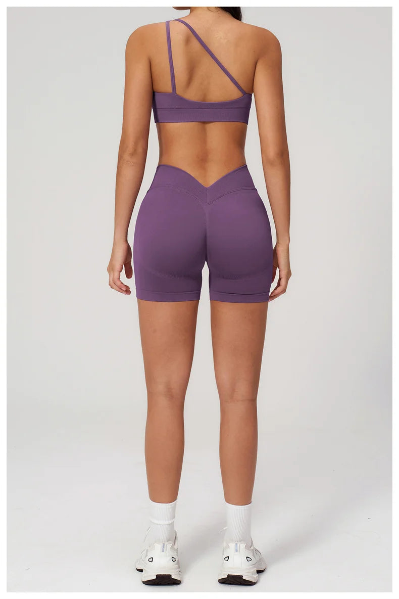 TRY TO BN Seamless Two Pieces Women's Tracksuit Yoga Shorts Set One-shoulder Hollow Backless Fitness Running Workout Gym Clothes