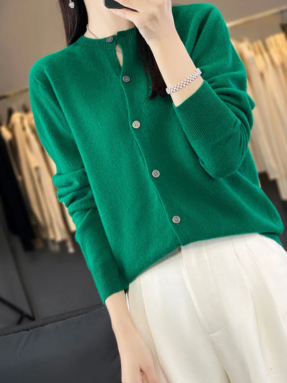 100% Merino Wool Sweater Women O-Neck Cardigan Basic Style  Buttoned Knitwear Female Casual Autumn Winter Soft Tops