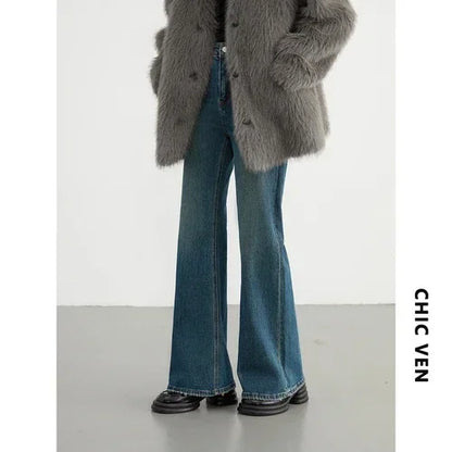 CHIC VEN Women Jeans New High Waist Flare Denim Pants Micro Elastic Woman Trousers Horseshoe Pant Female Autumn Winter 2023