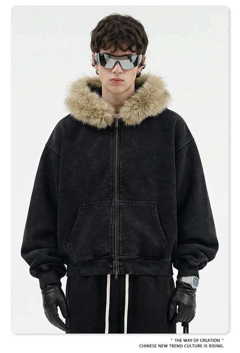 Custom LOGO Men's 400G Autumn Winter Retro Washed Boxy Fleece Collar Plush Thickened  Hooded  Zipper Jacket Couple style set