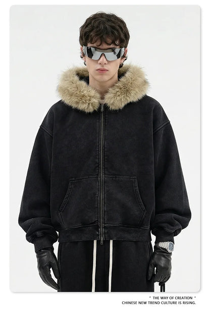 Custom LOGO Men's 400G Autumn Winter Retro Washed Boxy Fleece Collar Plush Thickened  Hooded  Zipper Jacket Couple style set