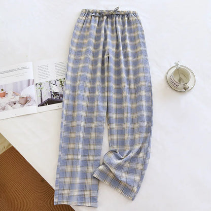 2026 New Spring and Autumn Men's Sleeper Pants 100% Cotton Gauze Japanese Checkered Pants Elastic Waist Home Pants Sleepwear