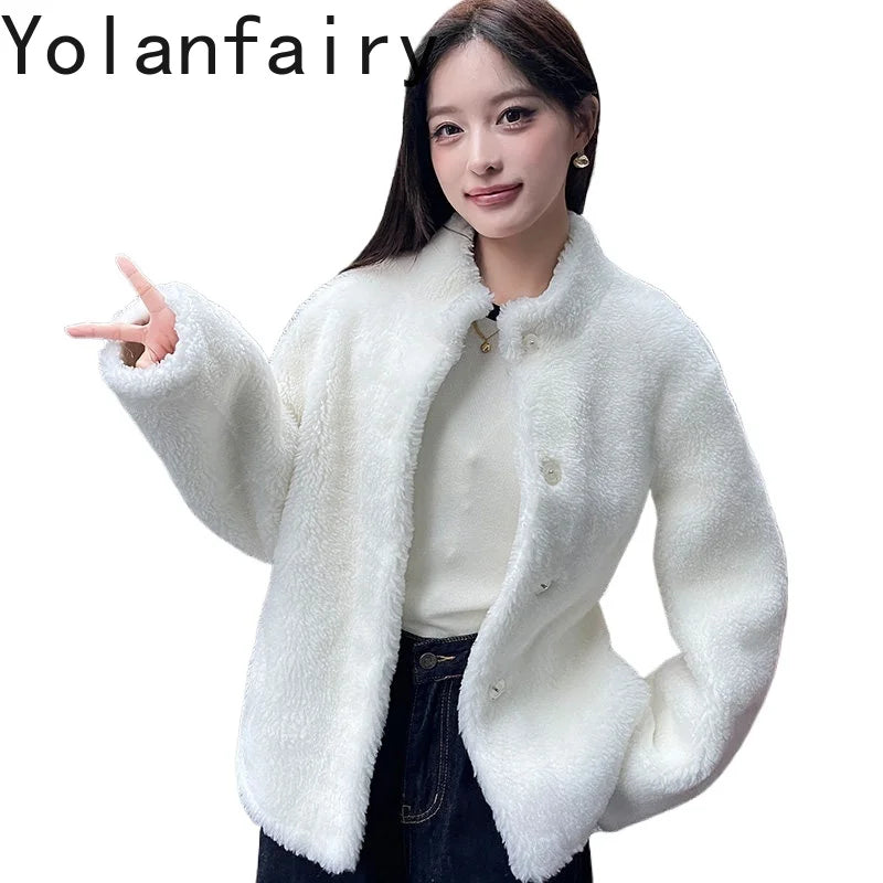 YOLANFAIRY 100% Genuine Leather Jacket Women Warm Natural Fur Coat Woman Winter Short Real Lamb White Fur Coats Jaqueta Feminina