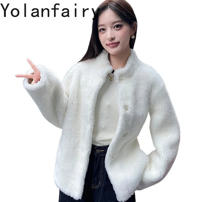 YOLANFAIRY 100% Genuine Leather Jacket Women Warm Natural Fur Coat Woman Winter Short Real Lamb White Fur Coats Jaqueta Feminina