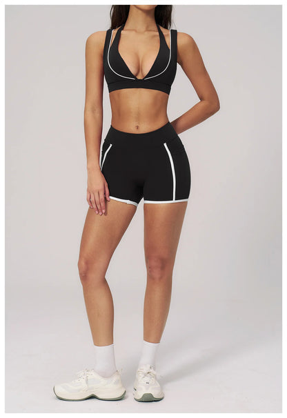 Color Contrast Deep-V Sports Bra Women's Gym Fitness Yoga Top Backless Breathable Sports Underwear Female Push Up Workout Top