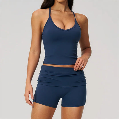TRY TO BN Two Pieces Women's Tracksuit Vest Sling Top Set Fold-over Waist Yoga Shorts Hip Lifting Running Fitness Gym Activewear